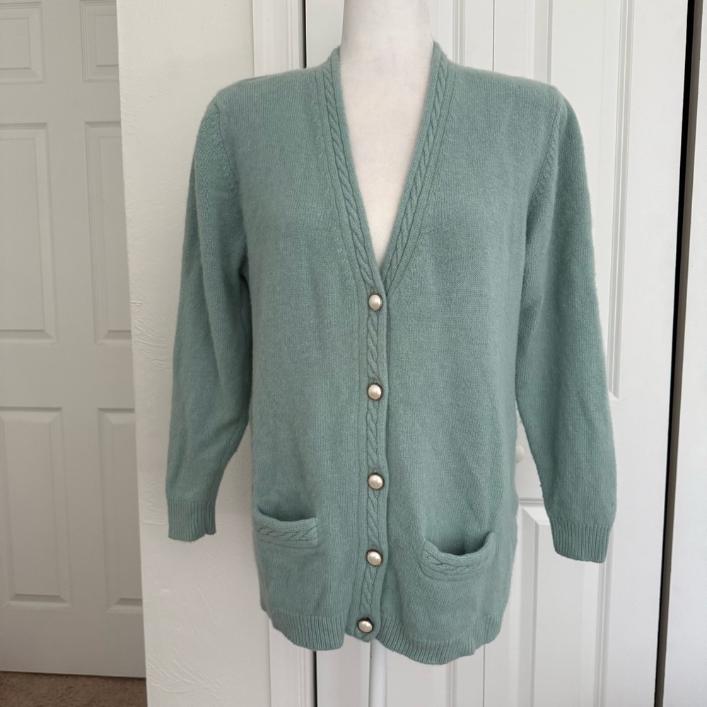 Vintage Casual Corner Lambswool Angora Knit Cardigan light turquoise WomenSz L